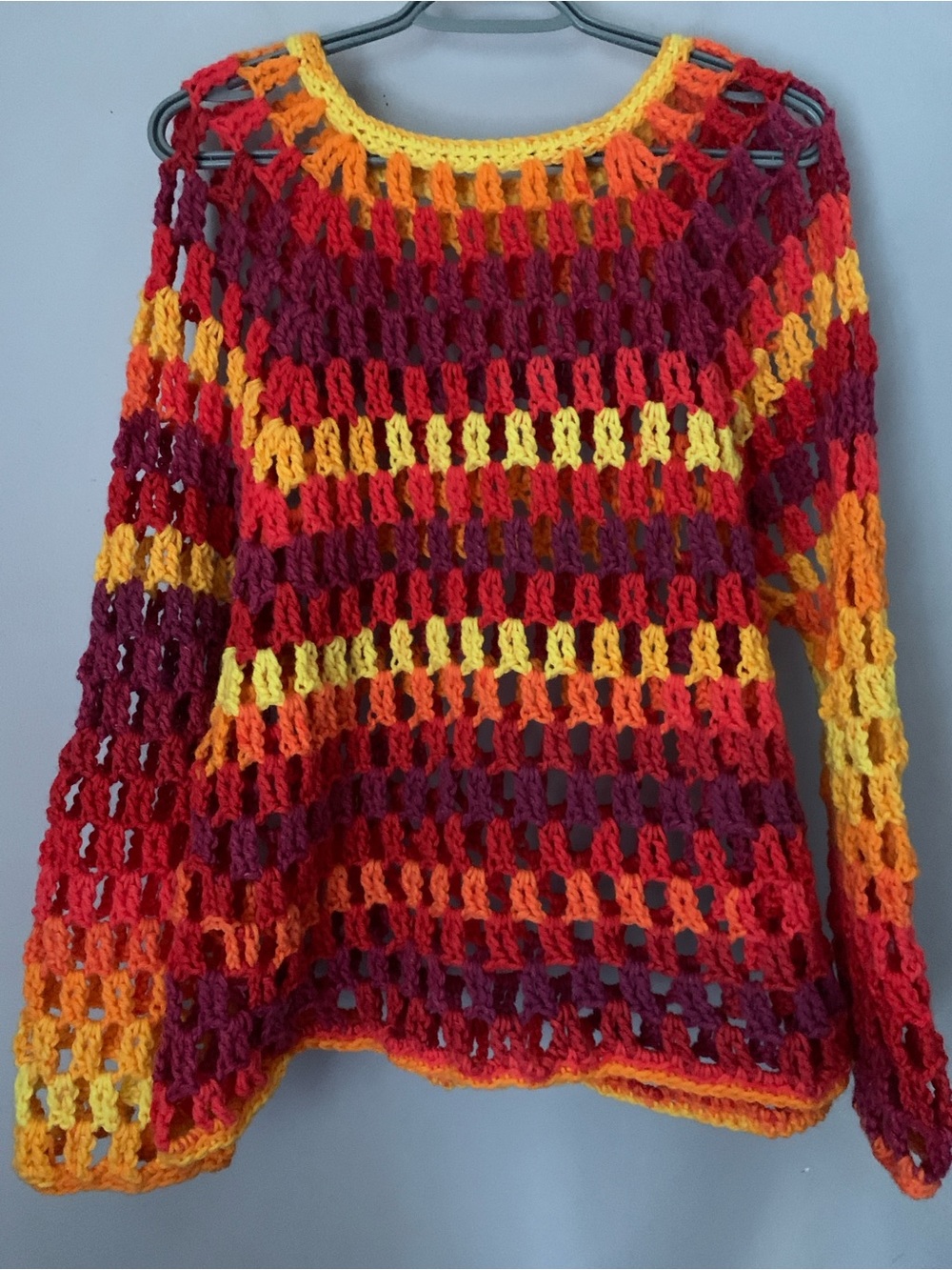Handmade Multicolor Open-Knit Sweater - Yellow, Orange & Red
